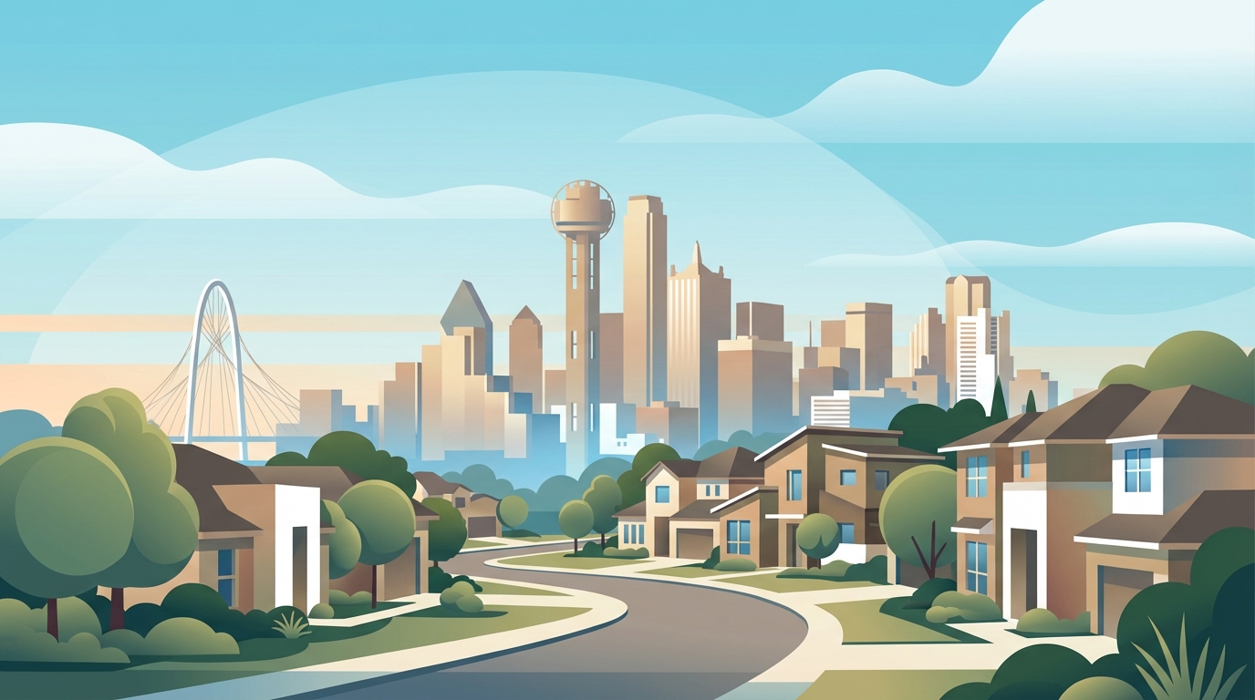 Dallas-Fort Worth skyline with suburban homes