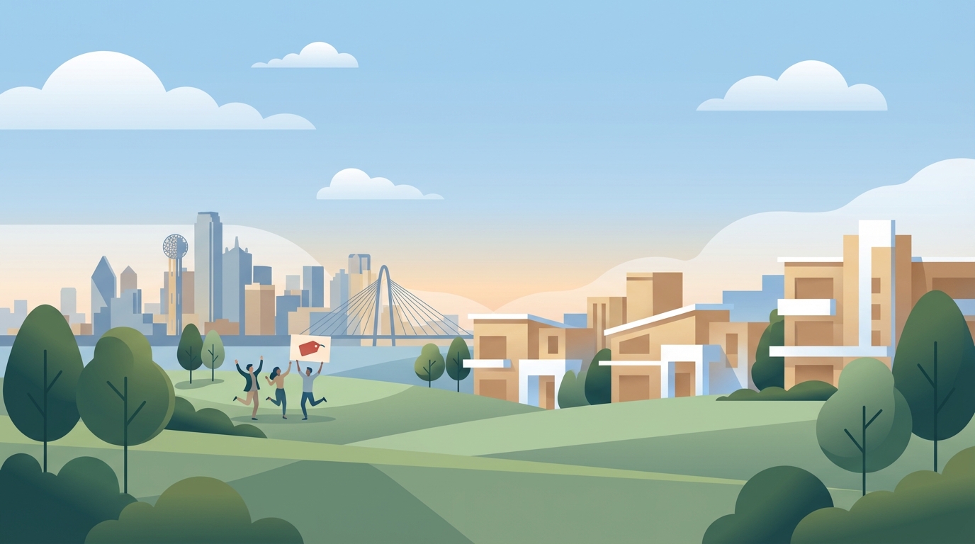 Dancing Realtor celebrating with SOLD sign in front of Dallas skyline