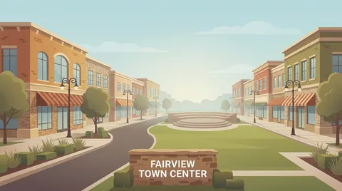Illustration of Fairview Town Center, an open-air shopping and dining center in Fairview, Texas, with walkable storefronts, a central lawn, and a monument sign