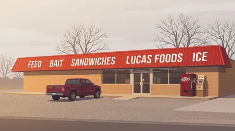 Illustration of Lucas Food Mart, a red-awning country feed and grocery store in Lucas, Texas, with signage reading Feed, Bait, Sandwiches, Lucas Foods, and Ice