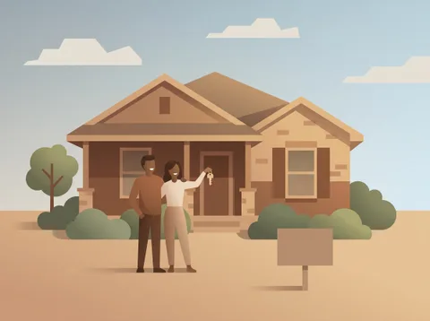 Flat illustration of a couple holding house keys in front of their first DFW home