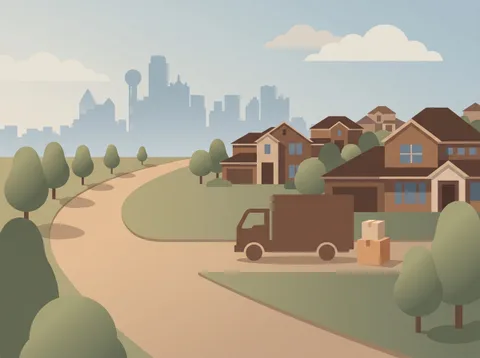 Flat illustration of a moving truck heading into a Dallas-Fort Worth suburb with the Dallas skyline in the distance