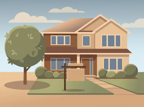 Flat illustration of a staged two-story DFW home with a for-sale sign in the front yard